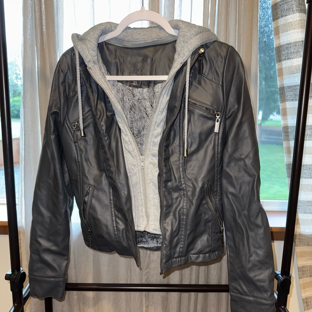 Gray Faux Leather Jacket with Hoodie